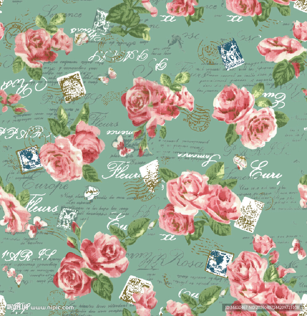 清新粉色花卉复古风图案