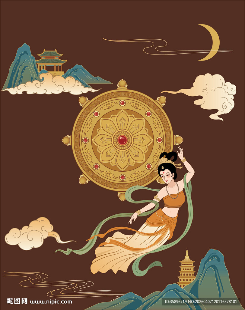 敦煌飞天仕女与古老法轮图景