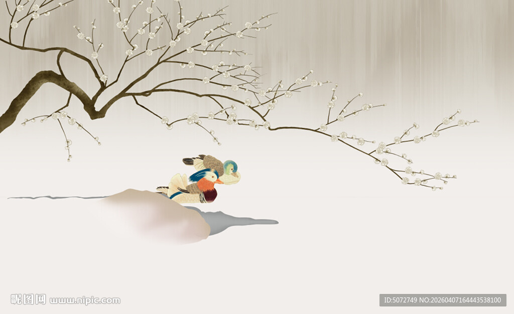 中式花鸟鸳鸯电视沙发背景墙壁画