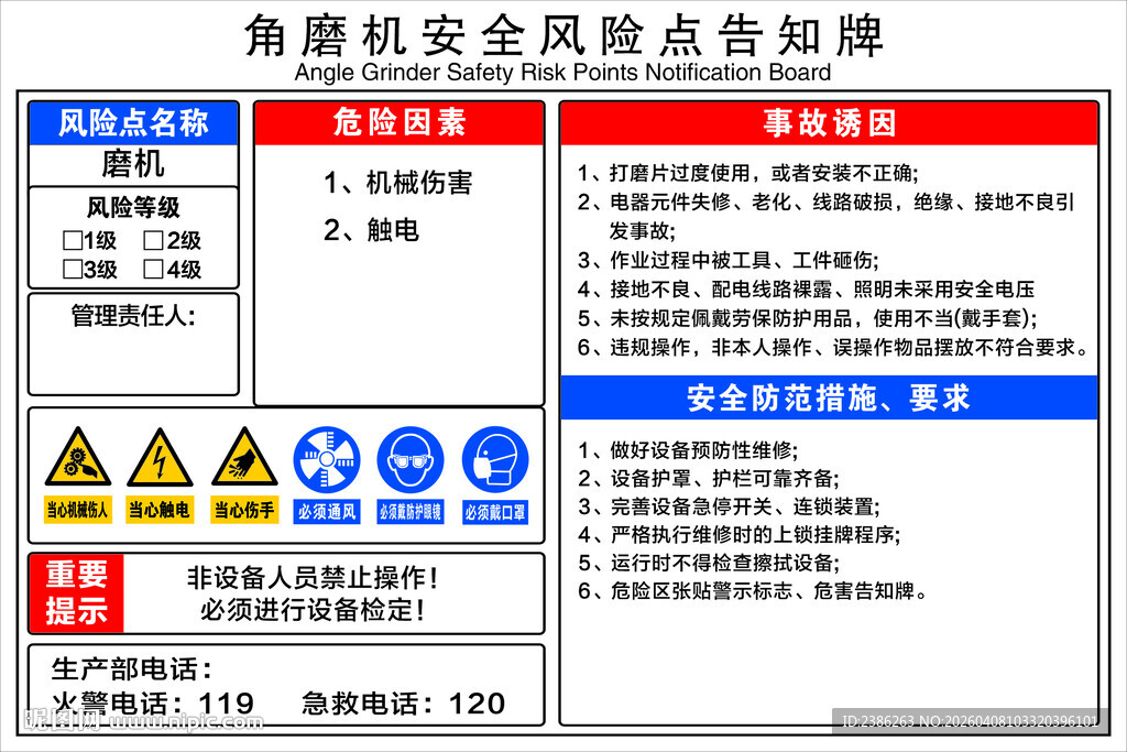 角磨机安全风险点告知牌