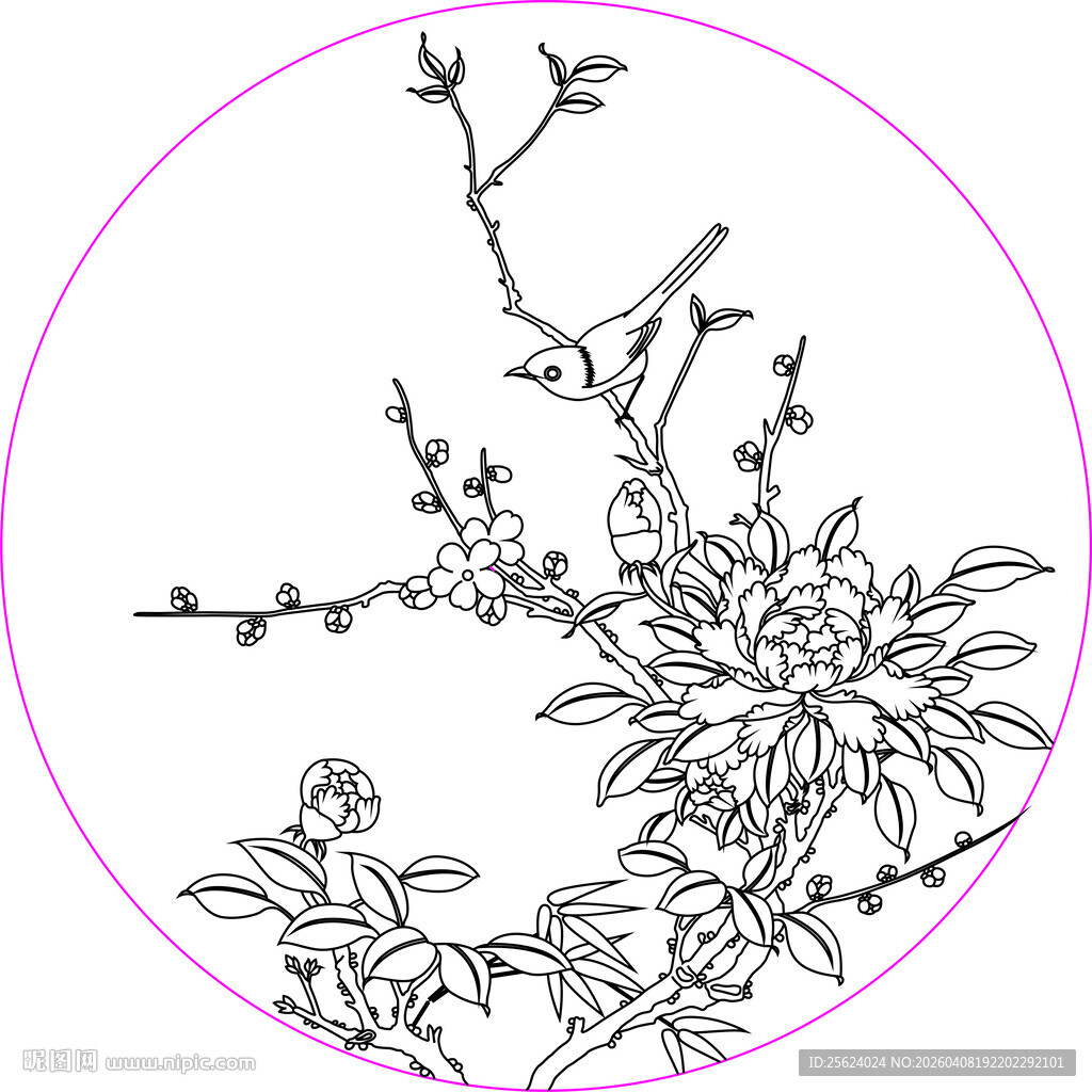 圆形花鸟线描图