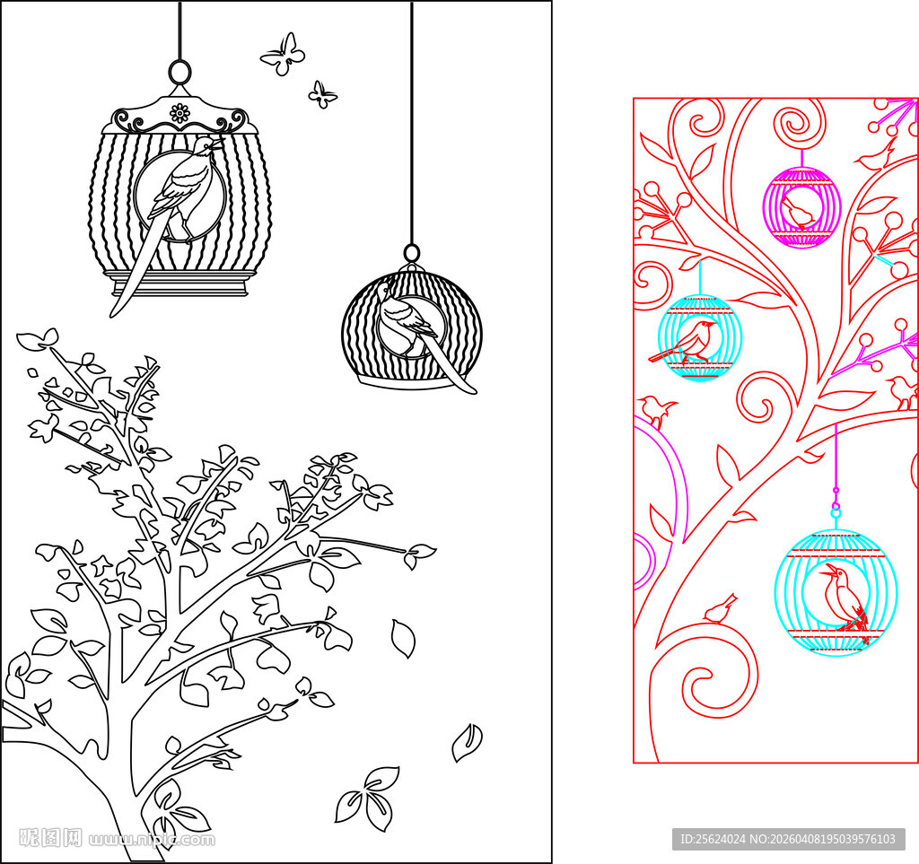 鸟笼花枝图案矢量