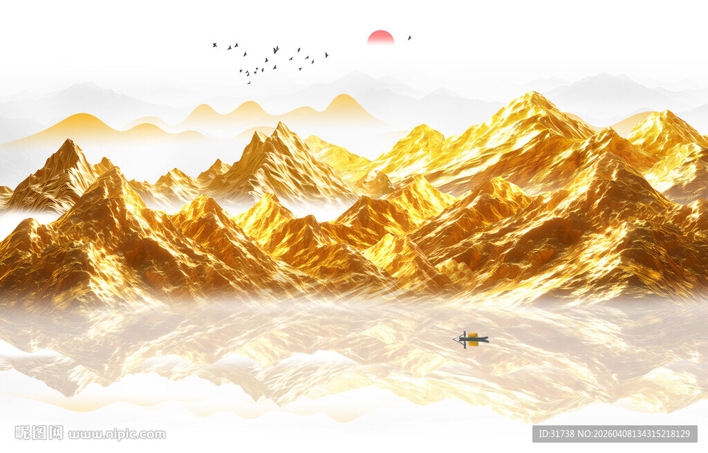 金色山峦山水意境图背景墙