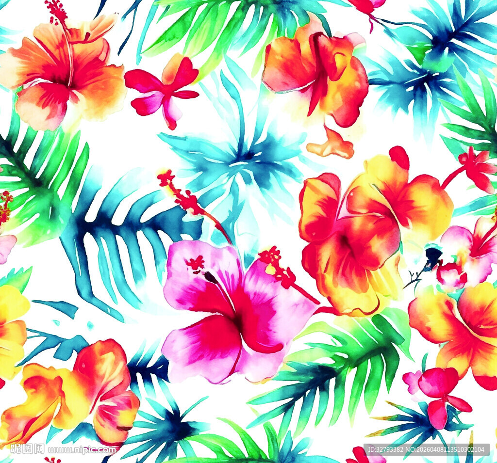 热带花卉水彩图案