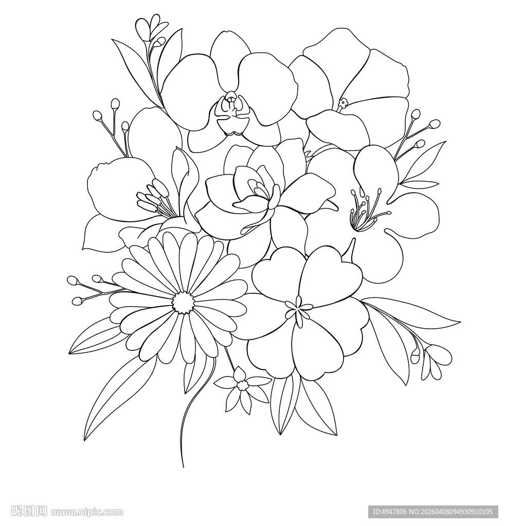 手绘花卉线稿图案 矢量图