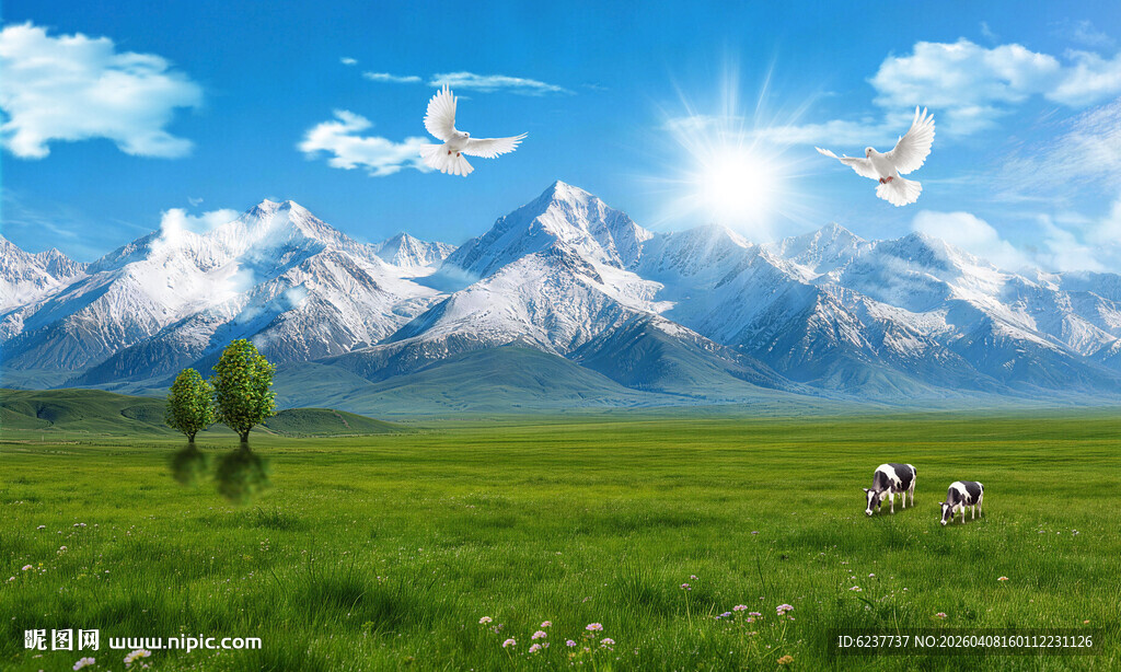 蓝天白云雪山大草原