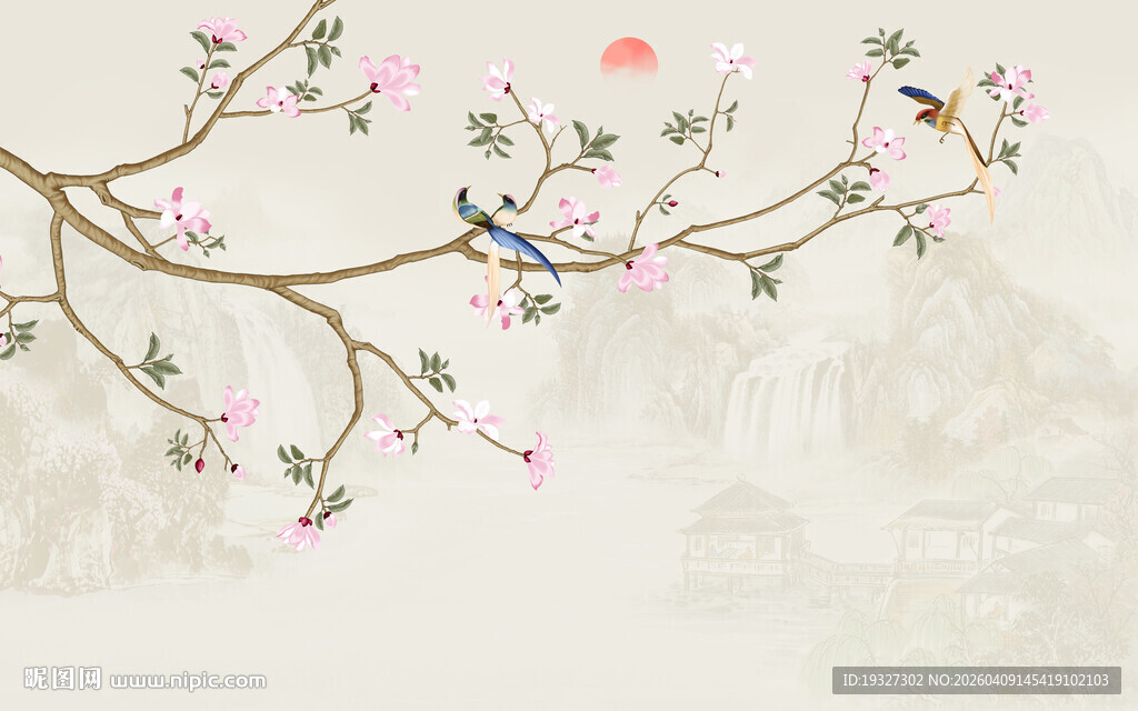 新中式花鸟画花卉背景墙