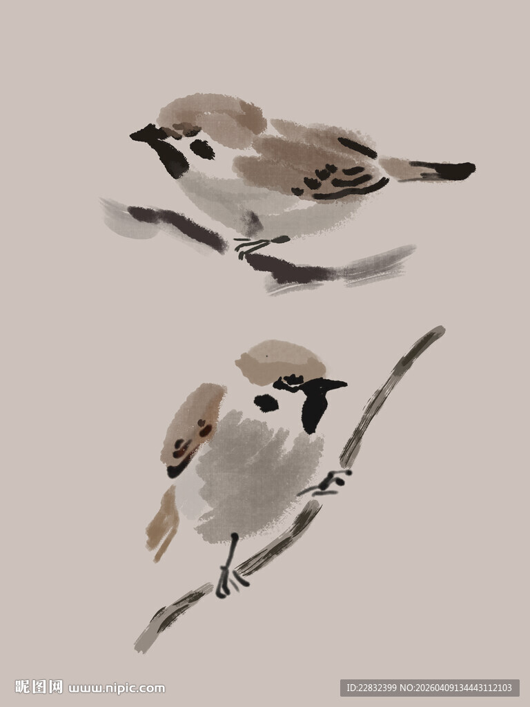 手绘中式水墨花鸟