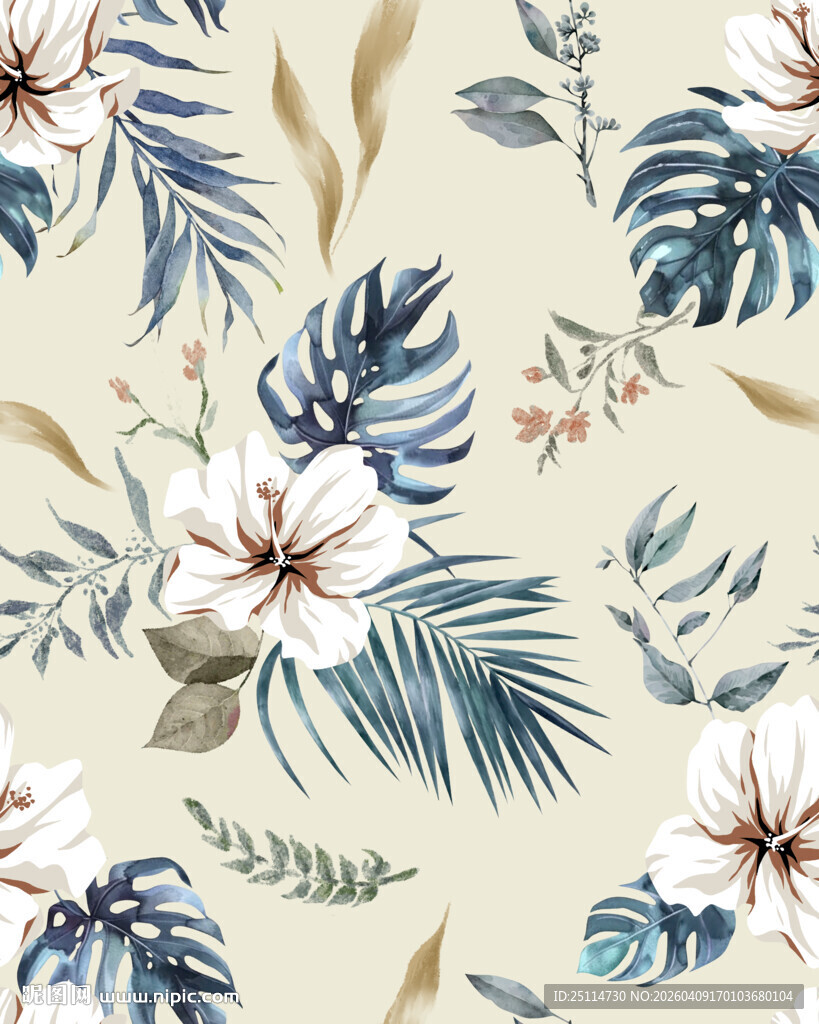 蓝白花卉植物图案背景