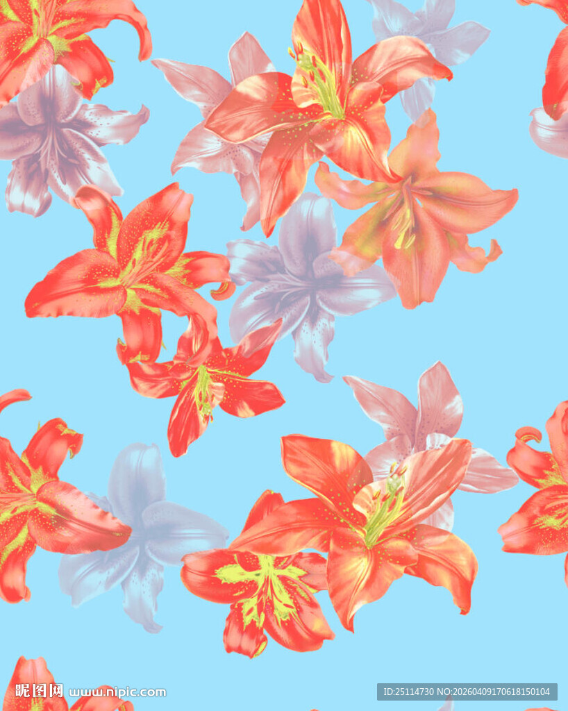 蓝色背景上的绚烂百合花