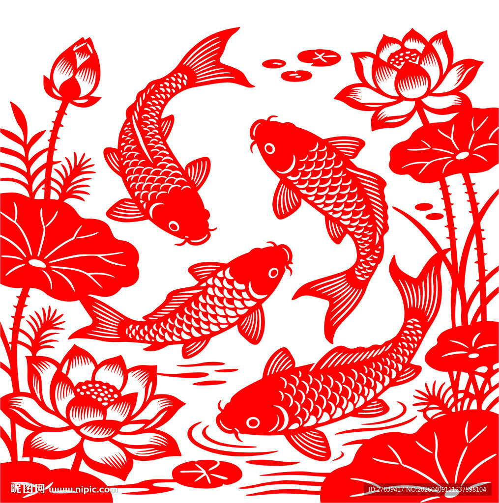 荷花锦鲤剪纸图创作