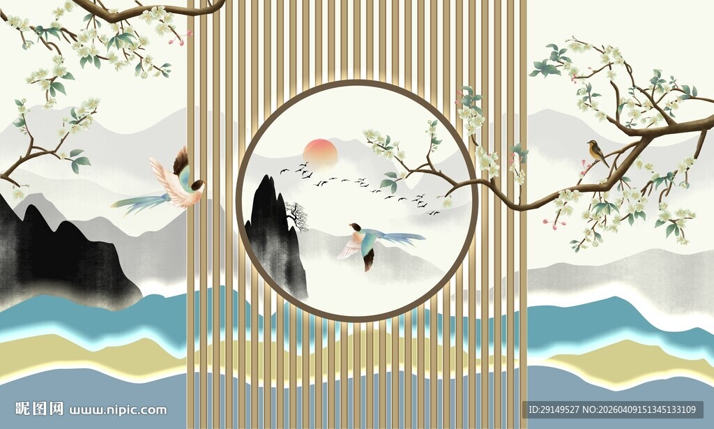 中式屏风山水意境画面