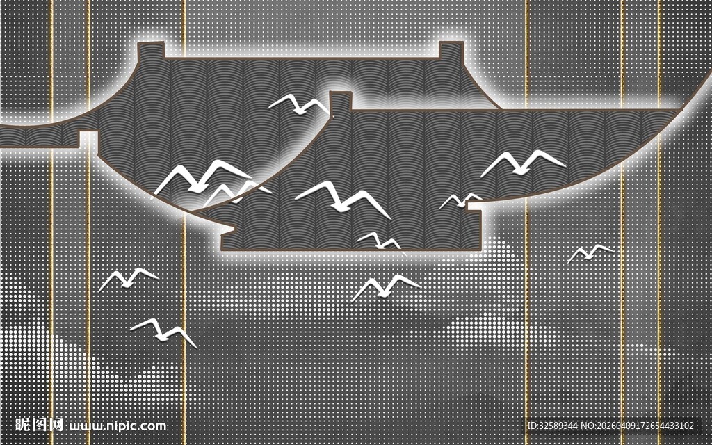 中式山水屋檐飞鸟意境图