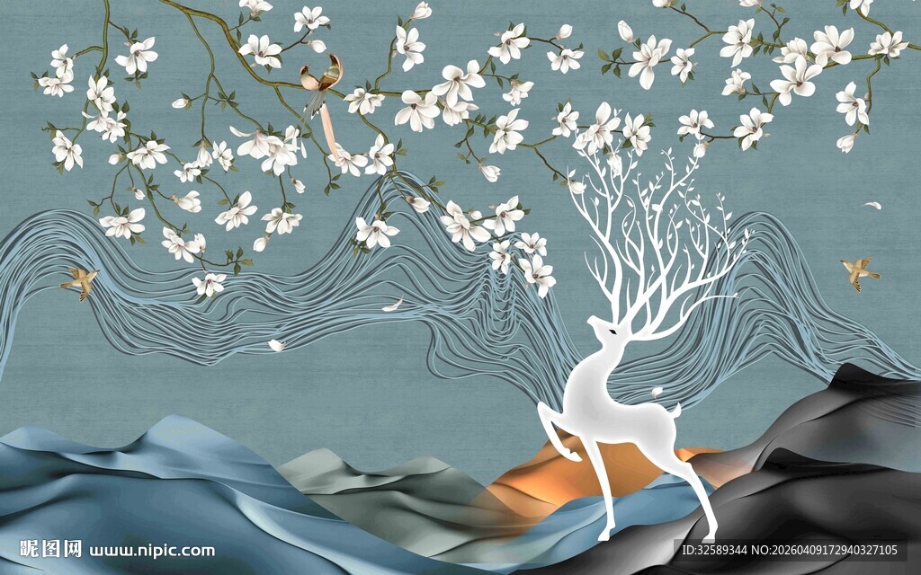 梦幻白鹿栖于繁花山水间