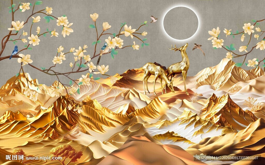 金色山川月夜樱花美景