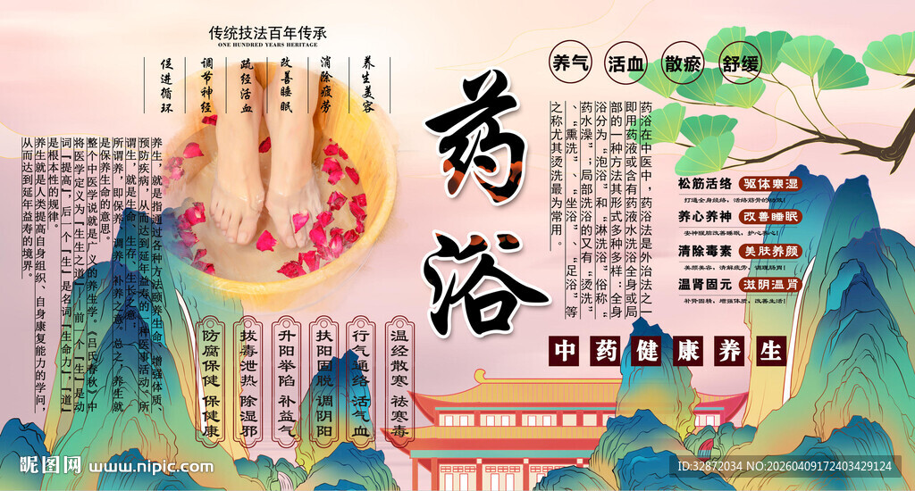 中医药浴背景墙