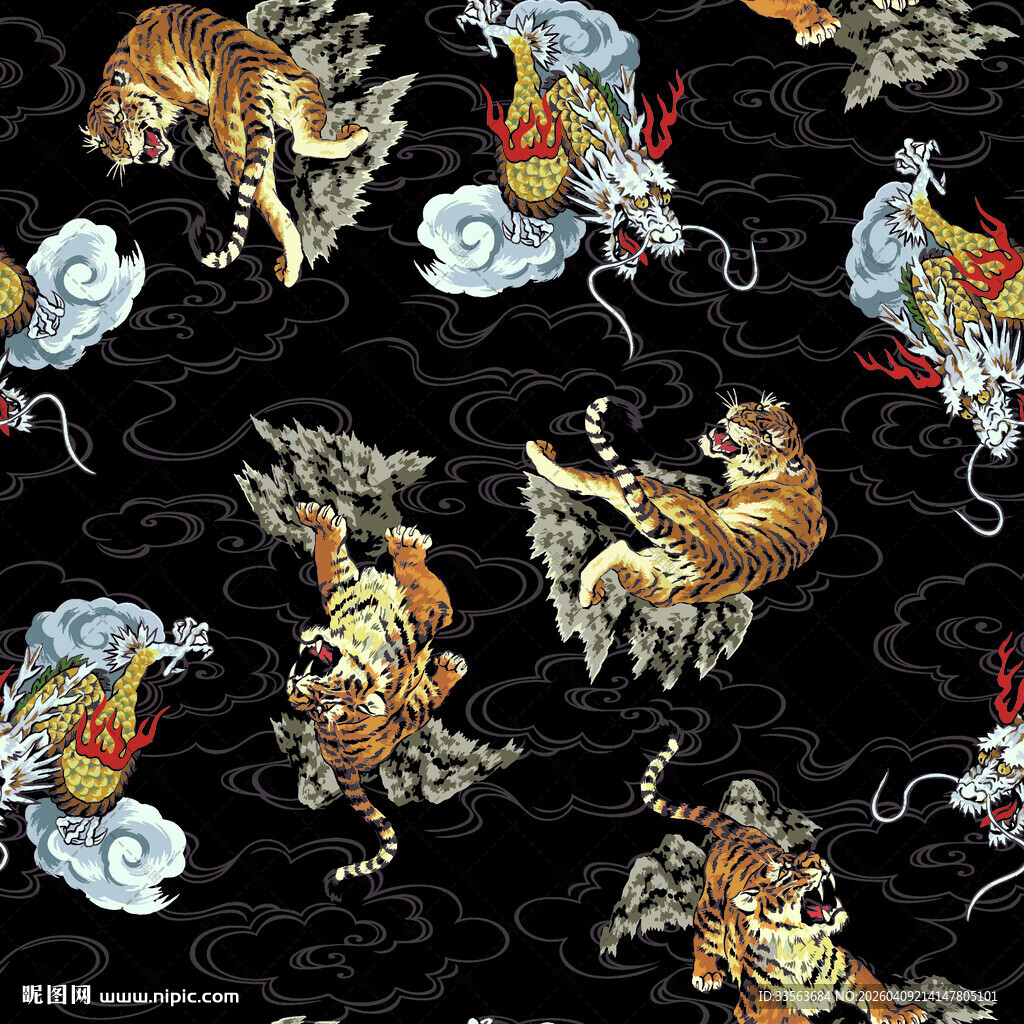 中式神兽图案黑色背景印花