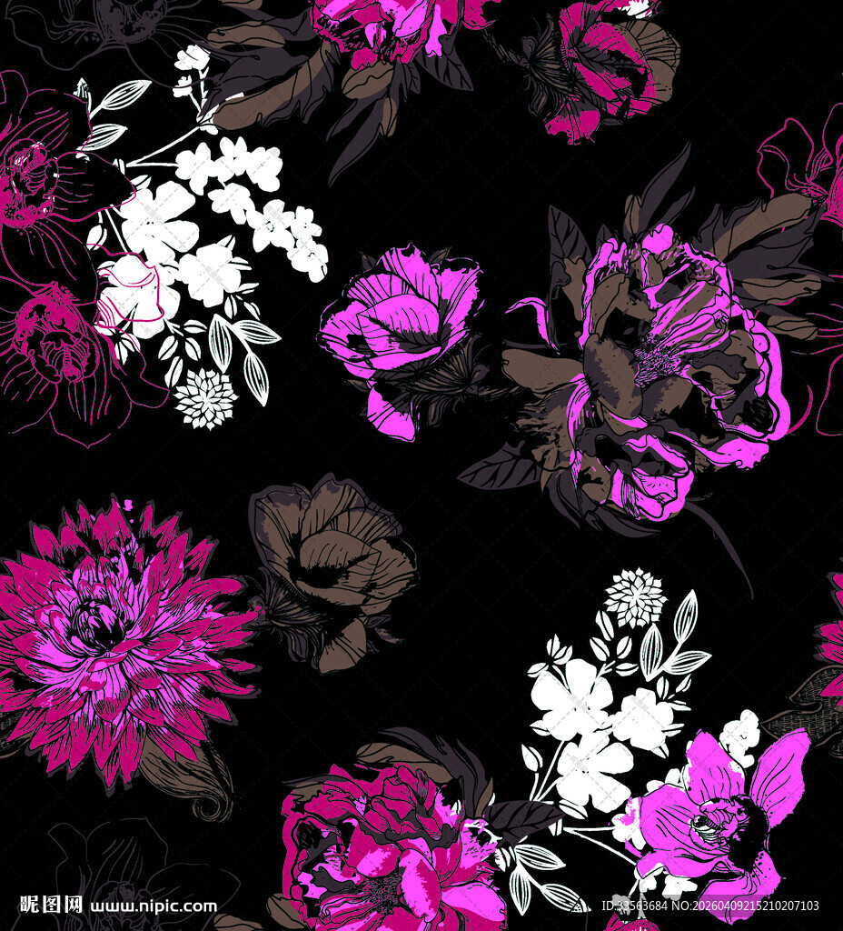 黑色底绚丽花卉图案