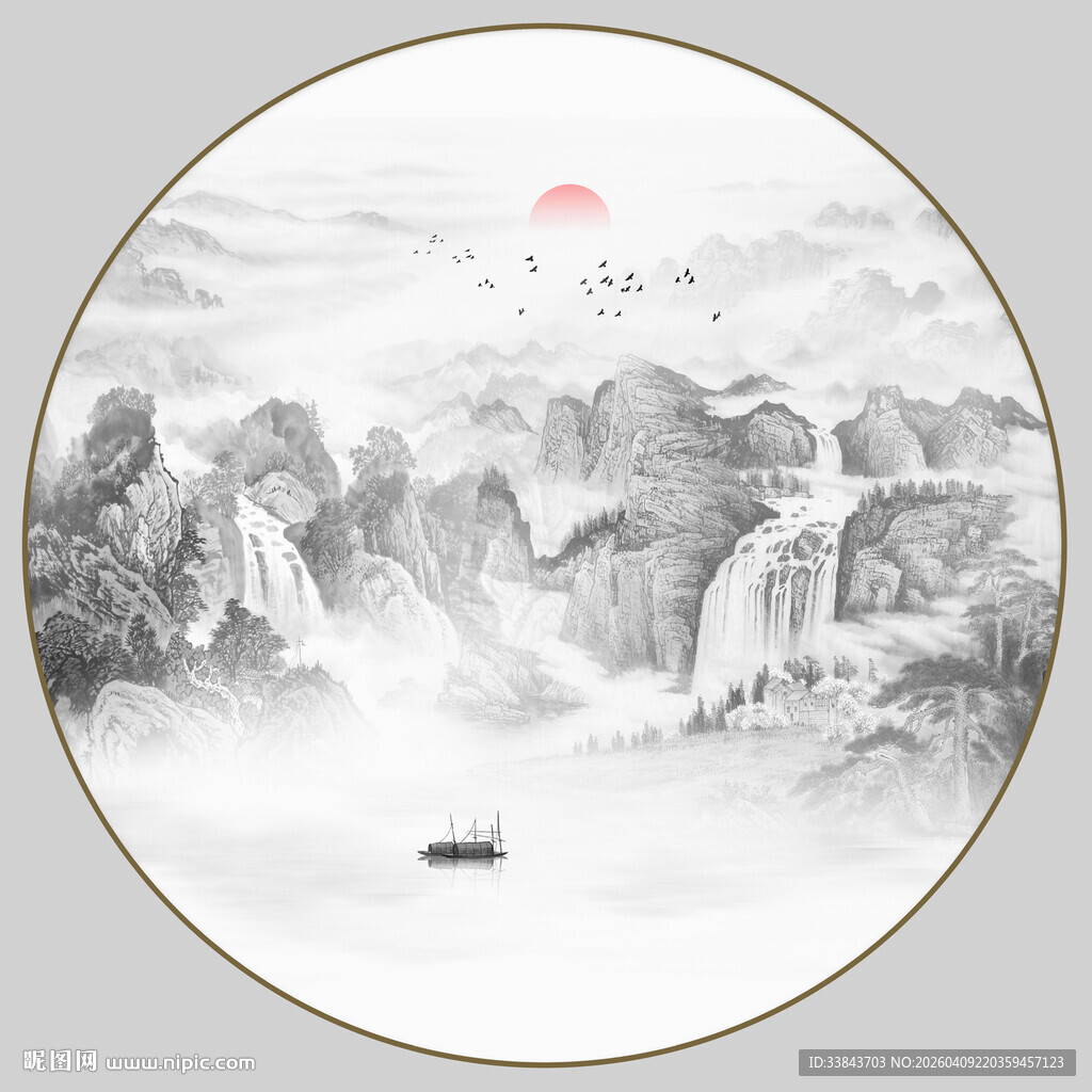圆形意境水墨山水画
