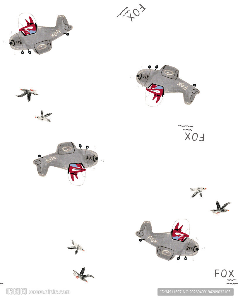 卡通飞机与飞鸟图案场景