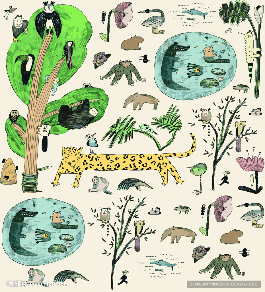 手绘丛林动物插画图案