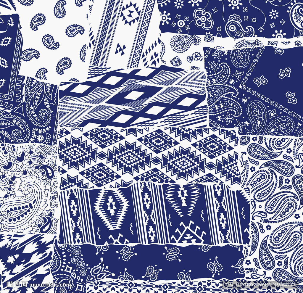 蓝白几何民族风图案拼接