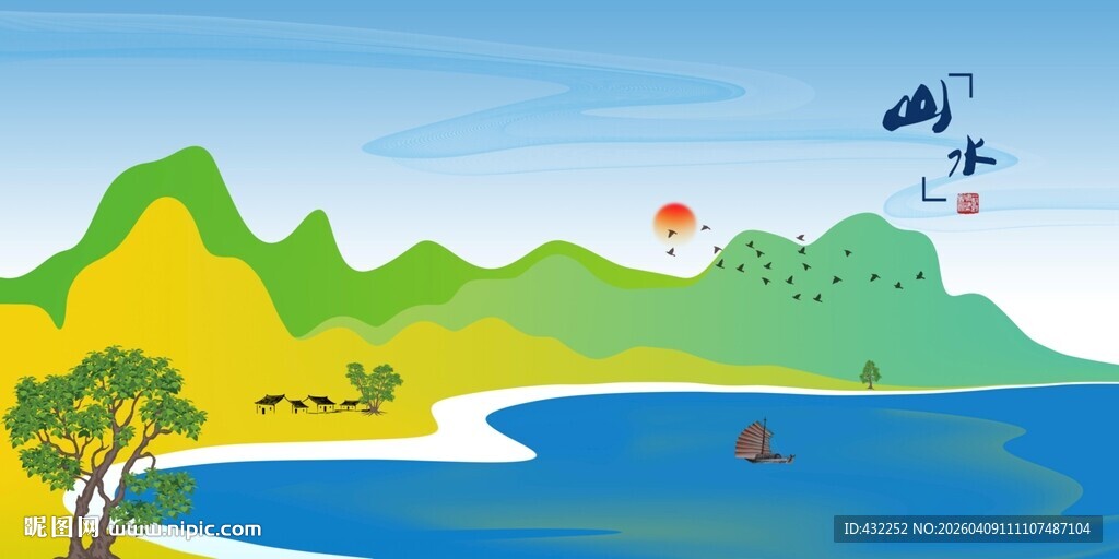 海边青山风景图抽象画