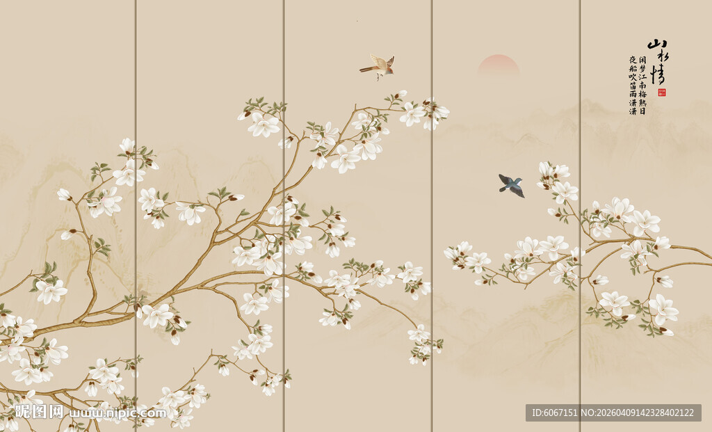 新中式工笔花鸟画花卉背景墙