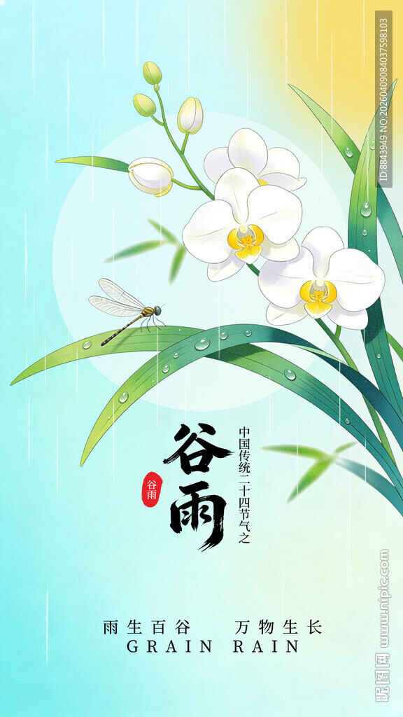 谷雨节气新中式国风兰花蜻蜓竖版