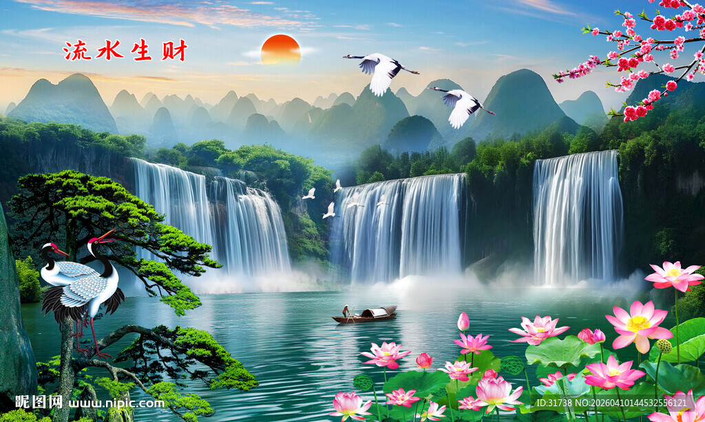 流水生财山水壁画