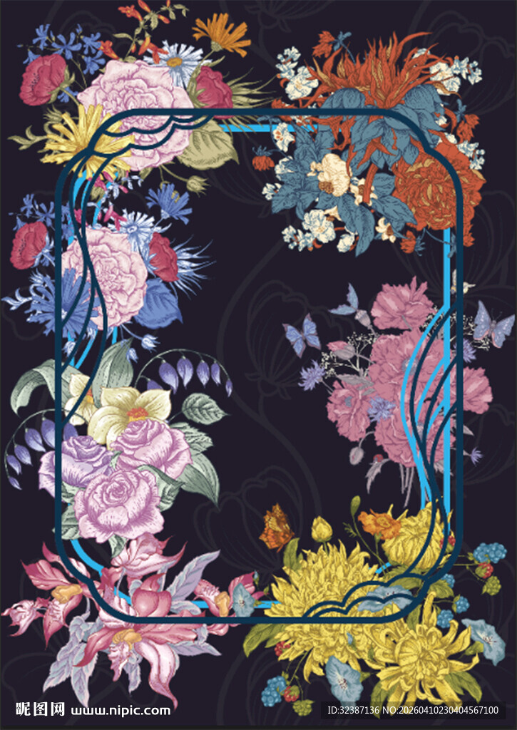 复古花卉刺绣图案设计