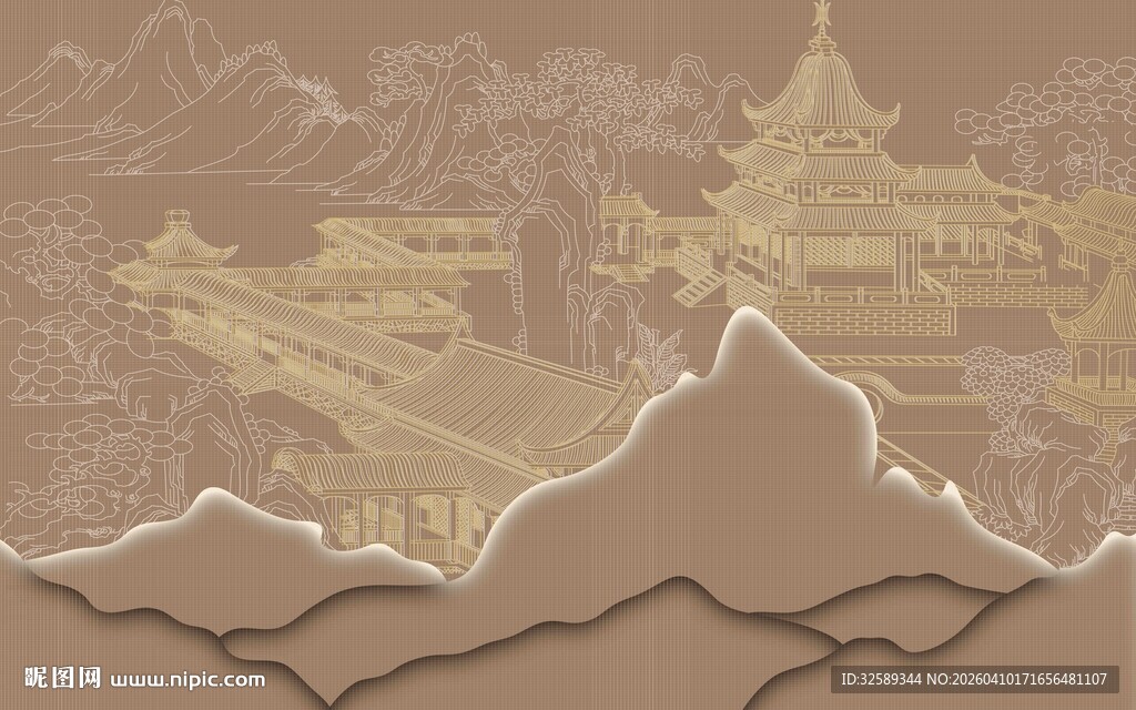 古风山水建筑插画背景