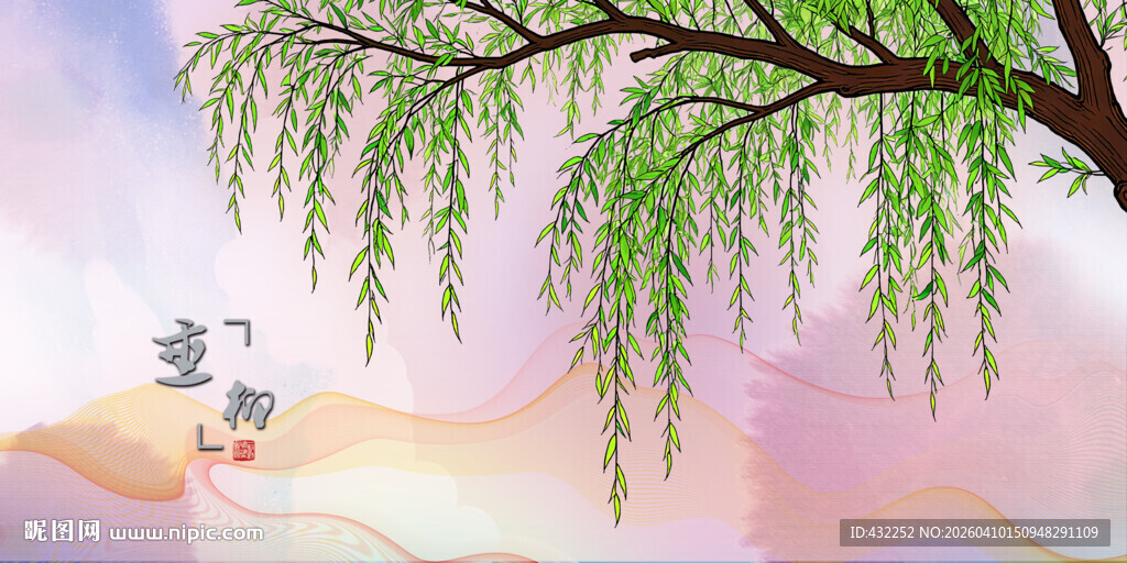 垂柳下的诗意古风画面