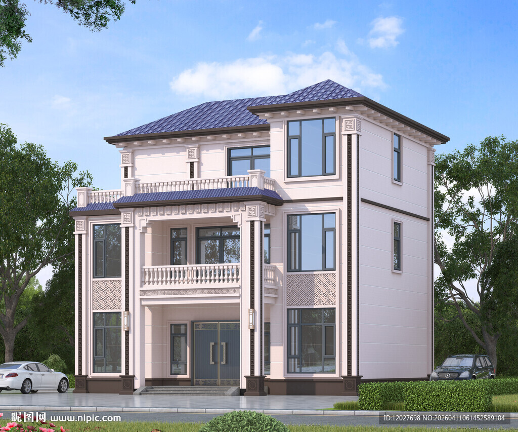 三二层半中式别墅外观设计效果图