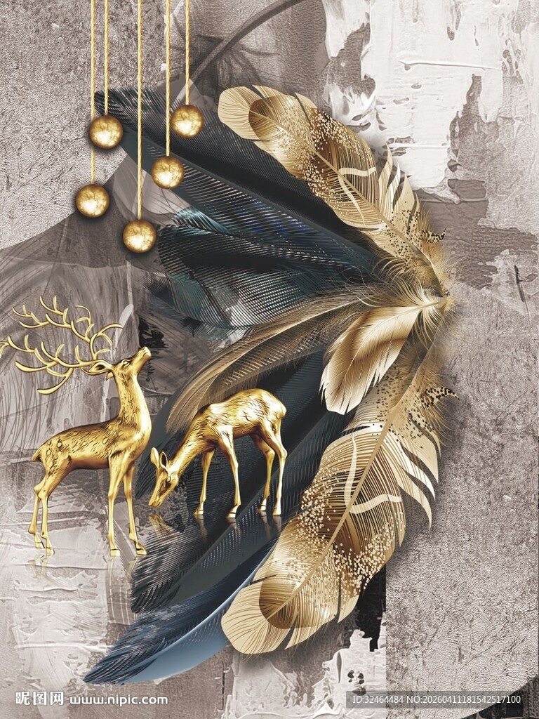 金色轻奢羽毛麋鹿装饰画