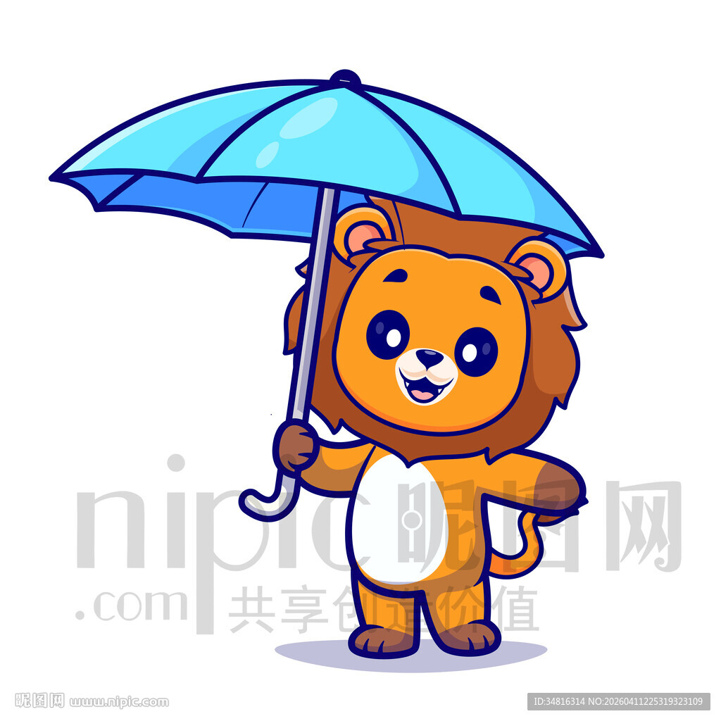 可爱卡通撑伞的可爱小狮子
