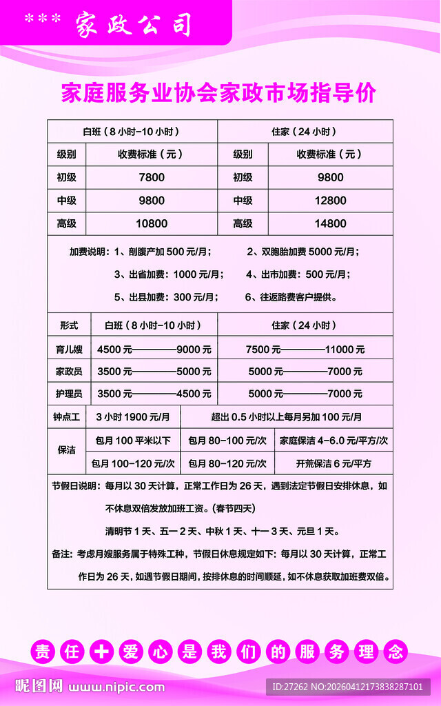 家政家庭服务业协会市场指导价