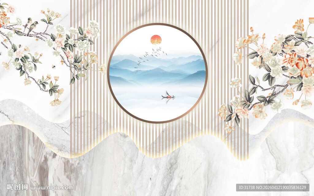 中式意境格栅山水花鸟装饰画