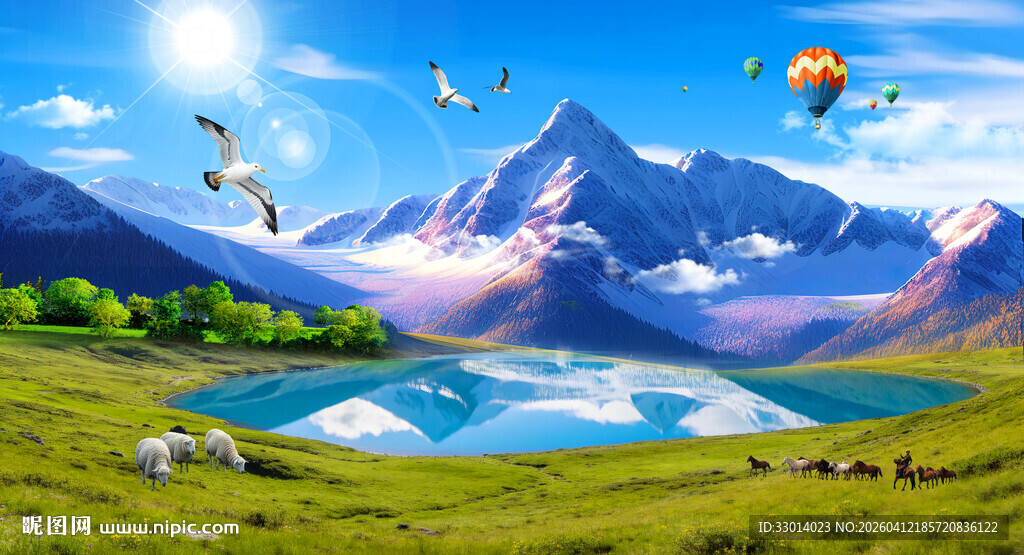 蓝天白云雪山草原湖泊