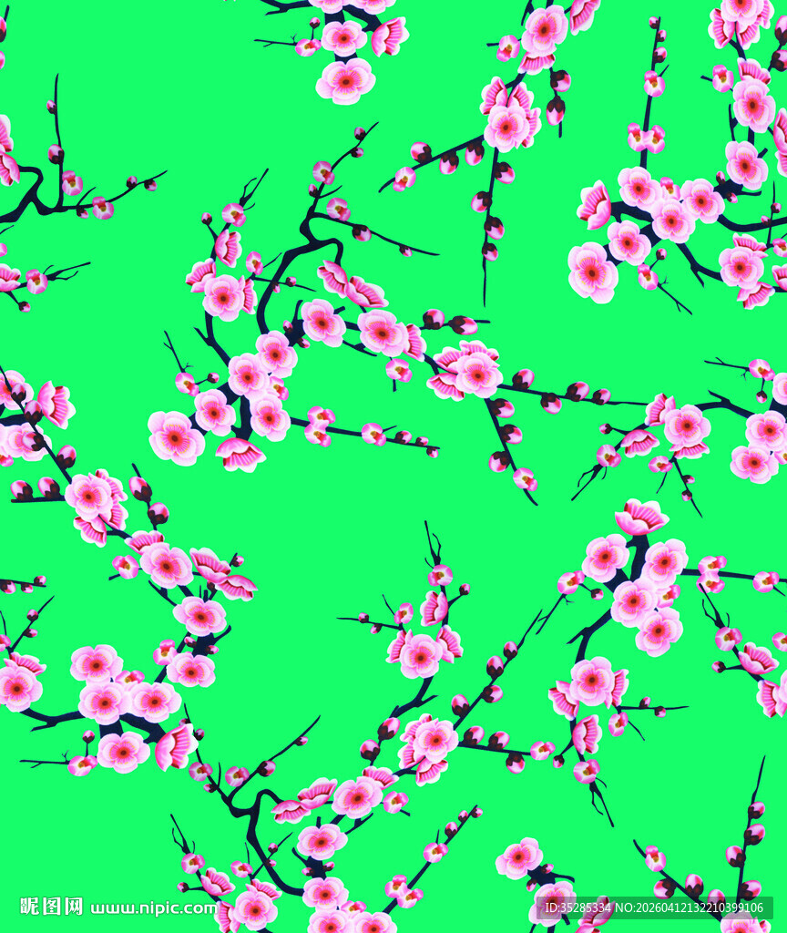绿底粉色梅花枝图案
