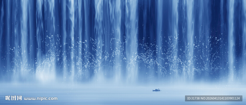 招财瀑布山水背景墙壁画