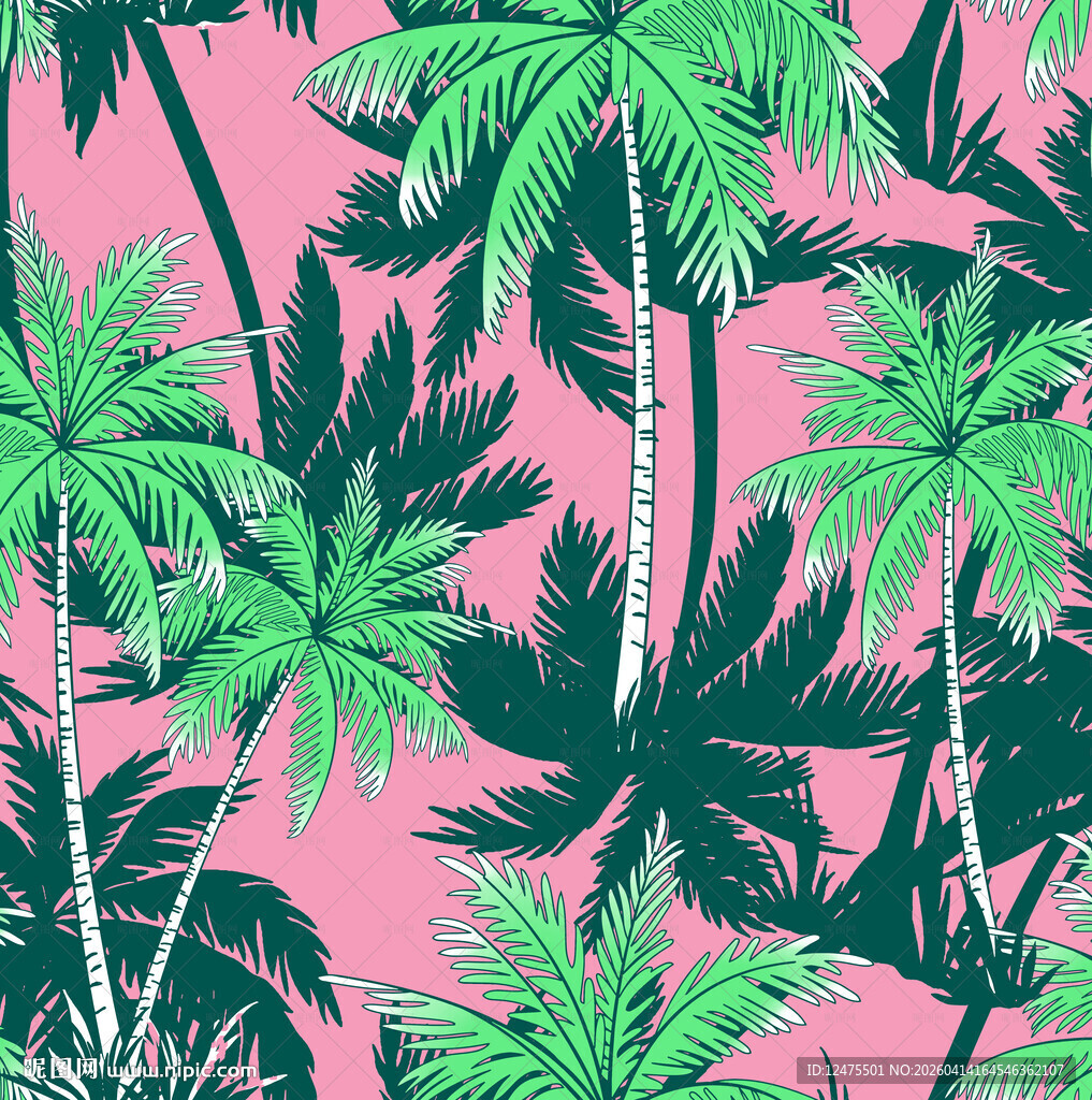粉色背景下的热带棕榈树图案
