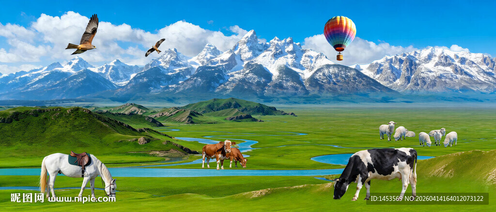 草原河流蓝天白云