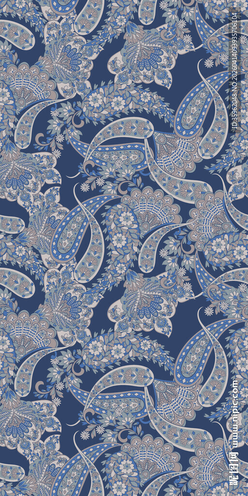 蓝灰佩斯利花纹织物图案