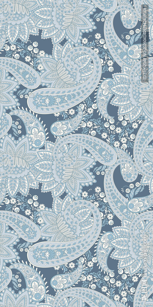 蓝白佩斯利花纹织物图案