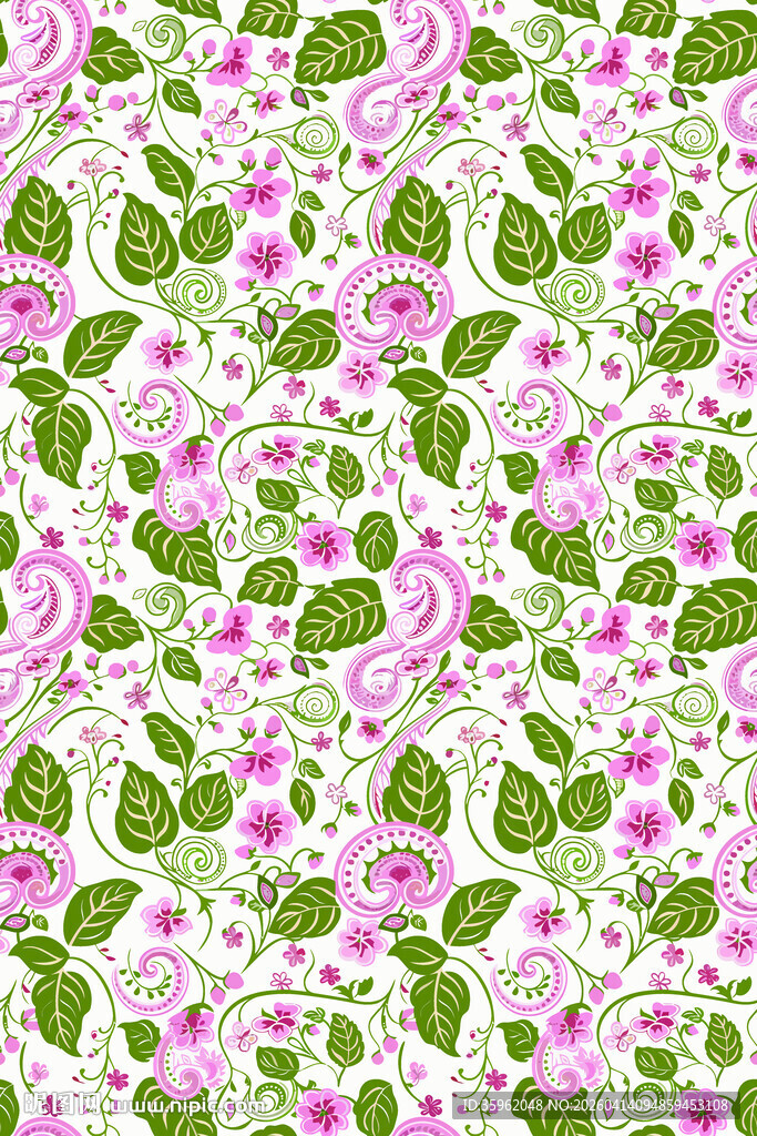 粉色花卉绿叶无缝图案
