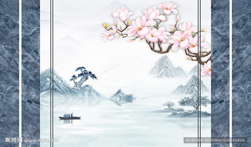 中式山水桃花意境图