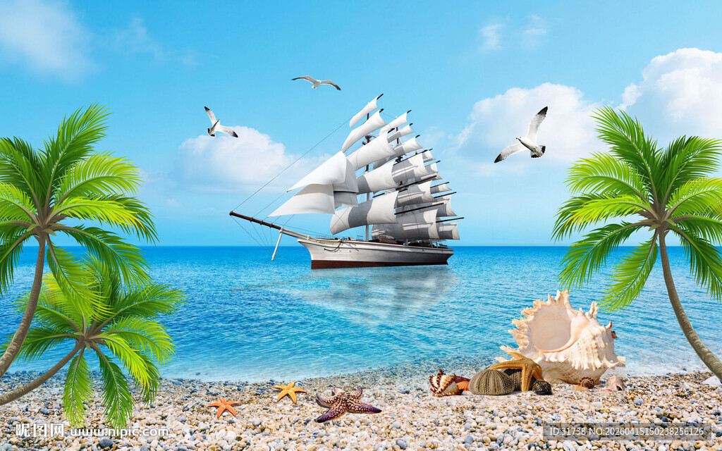 蓝天大海沙滩椰树背景墙