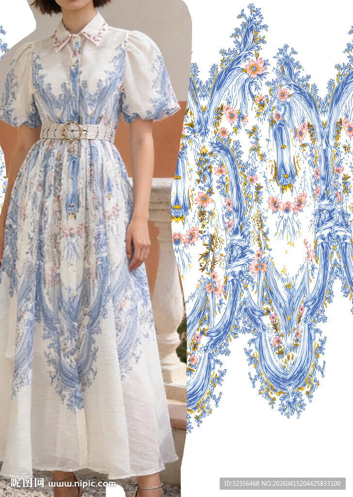 蓝白花卉图案女士连衣裙
