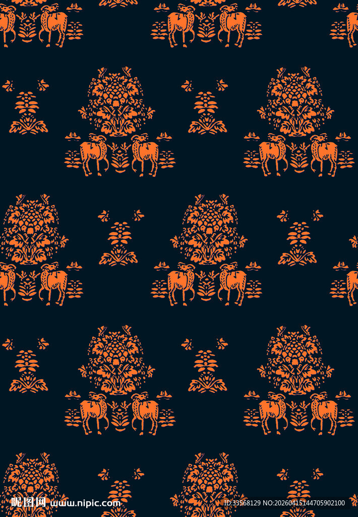 深蓝色底橙色动物图案